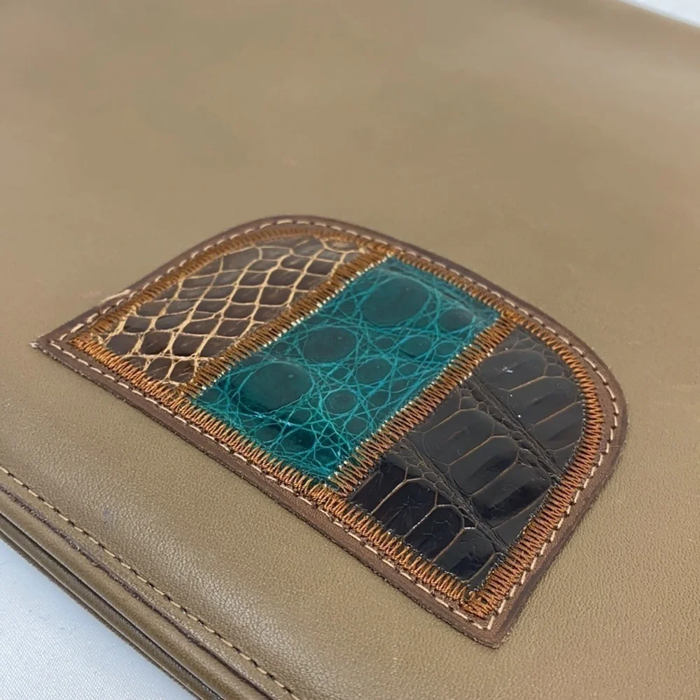 Vintage Large Taupe Brown Leather Envelope Clutch